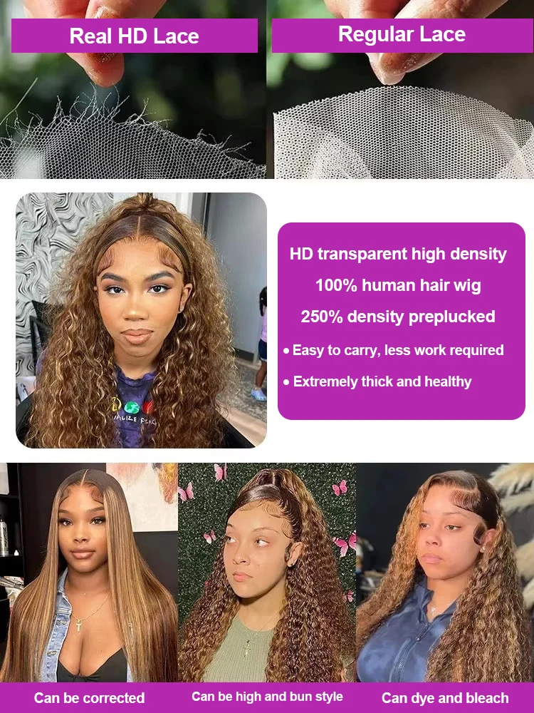 Highlight Wig Human Hair Ombre Colored Transparent Hd Lace Wig 13x6 Deep Wave Jerry Curly Lace Frontal Human Hair Wig Brazilian Swiss Full Lace 13x4 Water Wave Glueless Wigs Human Hair For Black Women image 7
