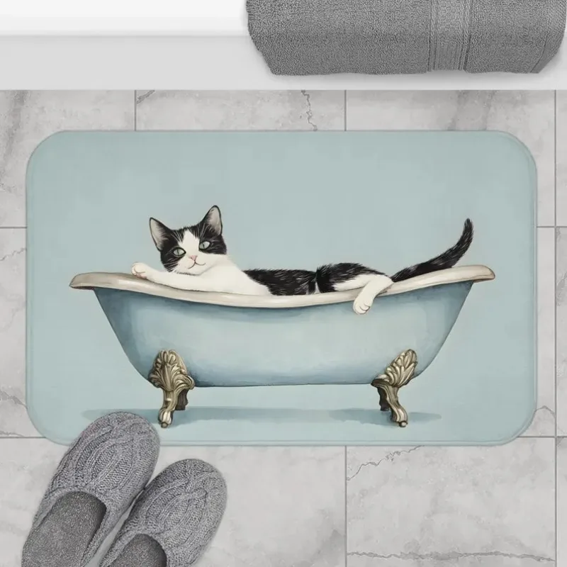 Cute Tuxedo Cat in Bathtub Doormat Funny Watercolor Kitten Print Carpet Non-Slip Soft Modern Minimalism Home Decor Entryway Rug
