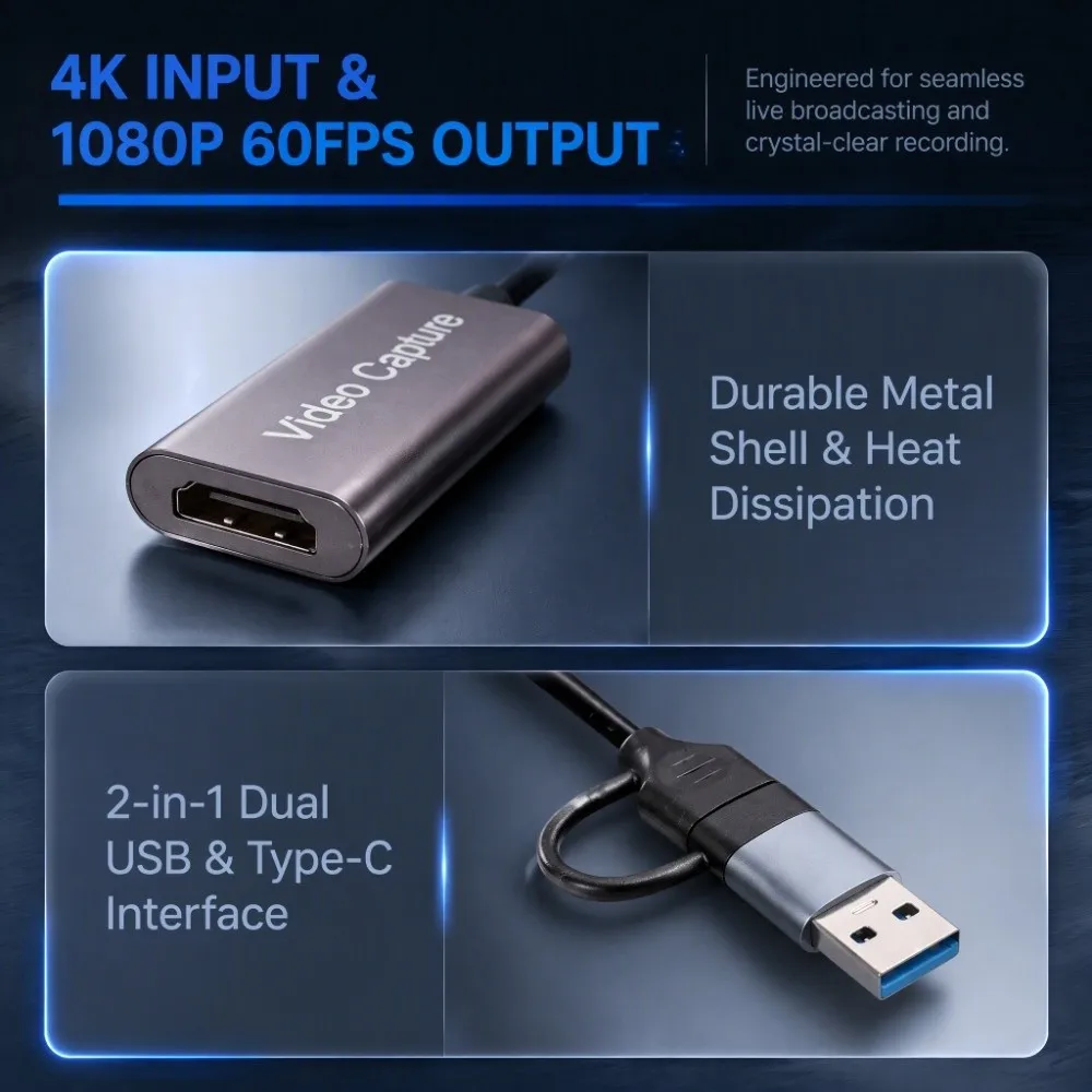Durable 4K 30FPS Video Capture Card 1080P 60FPS USB Type Game Capture Device HD to USB Adapter Video Conference