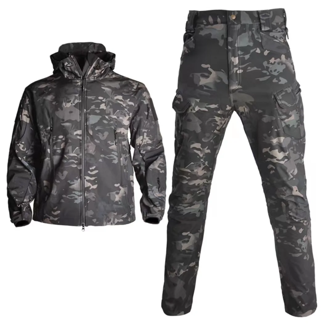 Soft Shell Men Waterproof Tactical 2 Pcs Set Shark Skin Windproof Hooded Jacket Multi-pockets Cargo Pants Uniforms Suit