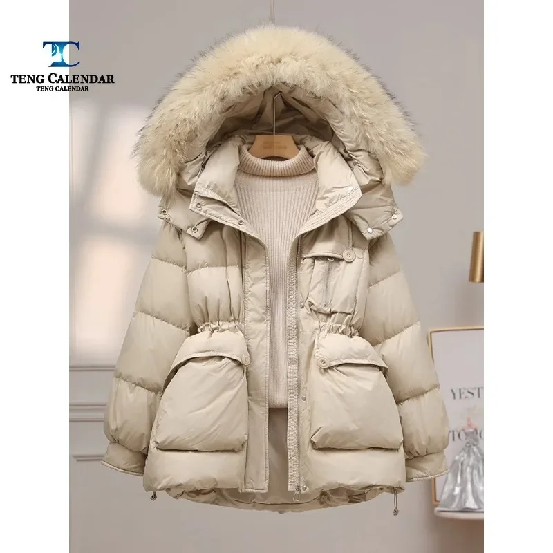 Fashionable Down Jacket for Women, Mid to Long Waist, Cinching Slimming and Thickened Short Real Raccoon Fur Jacket, Winter New