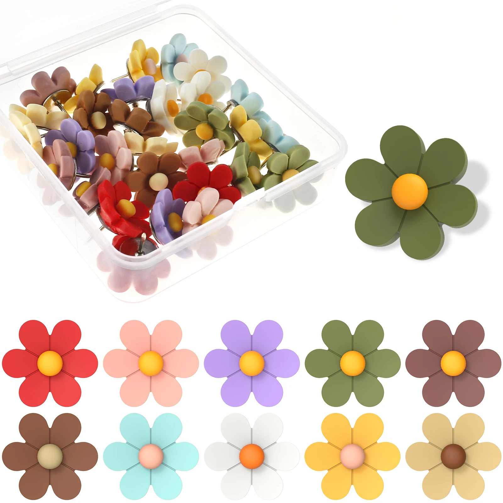 30Pcs Flower Push Pins Set 10 Colors Resin Cute Flower Tacks Decorative Thumb Tacks Reusable Push Pins with Storage Box for Cork