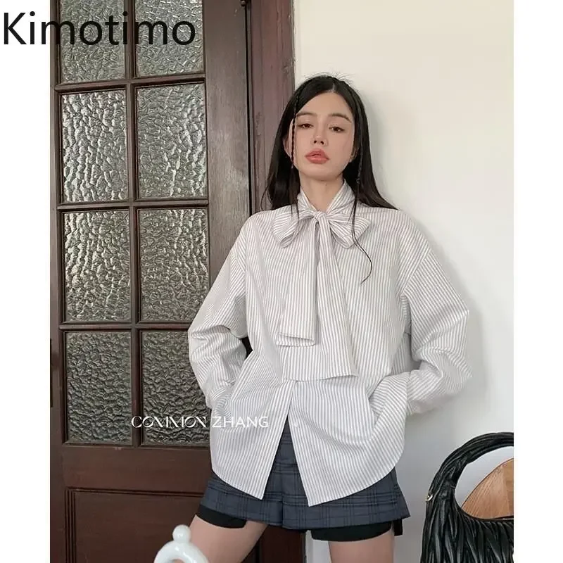 Kimotimo Vintage-Blusen mit gestreifter Schleife für Damen, elegant, französischer Stil, Langarm-Shirts, süß, lockerer Preppy-Stil, Büro-Look, Tops, Ins