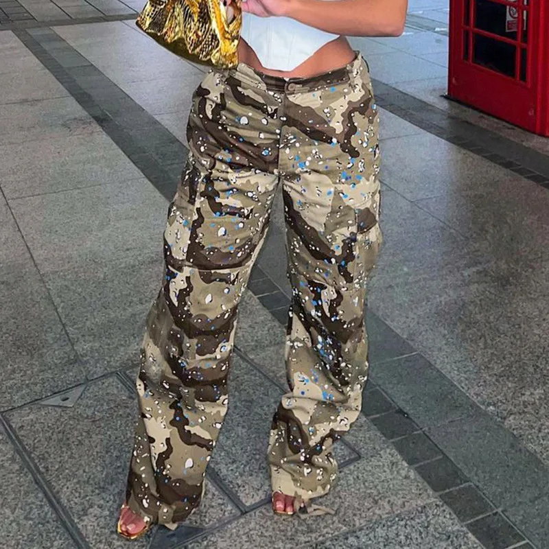 Dames Lange Broek Cargo Broek Camouflage Zak Gesplitste Broek Strakke Hoge Taille Casual Losse Trekkoord Capri 'S Zomer 2024