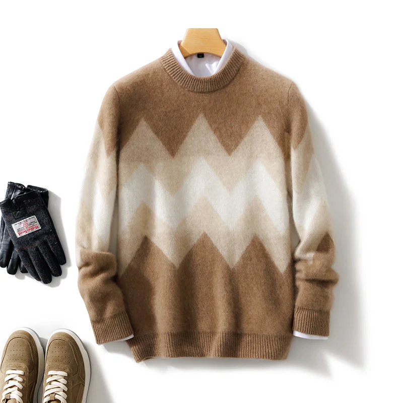 Autumn Winter 100% Merino Wool Men‘s O-Neck Color-Blocking Sweater Pullover Cashmere Long Sleeves  Soft Casual Clothing Top