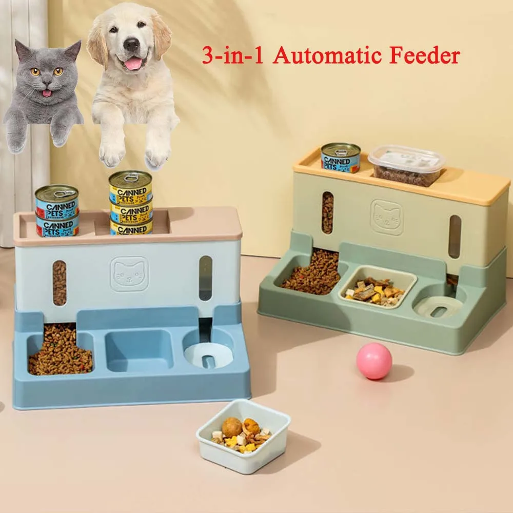 3-in-1 Automatic Pet Feeder Cat Bowl Dog Feeding Food Bowl Double Dish Bowl Drinking Water Raised Stand Dispenser Pet Supplies