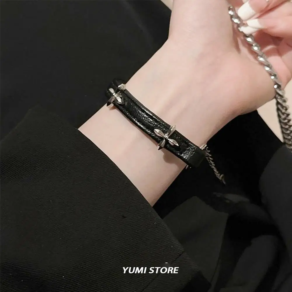Vintage Cross Flower Bracelet For Women Gothic Punk PU Leather Adjustable Bracelet Hot Girl Kpop Couple Jewelry Y2K Accessories view 3