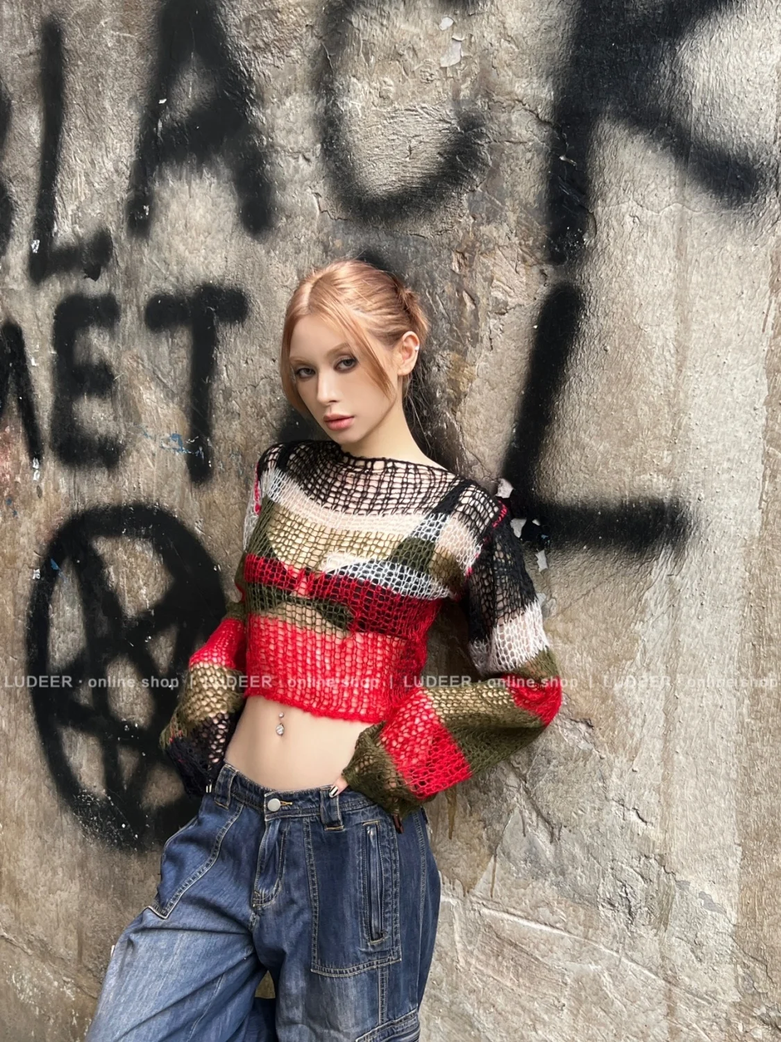 섹시한 백 레스 니트 탑 여성 아메리칸 레트로 할로우 아웃 대비 컬러 풀오버 고스 패션 긴 소매 Y2k 스웨터