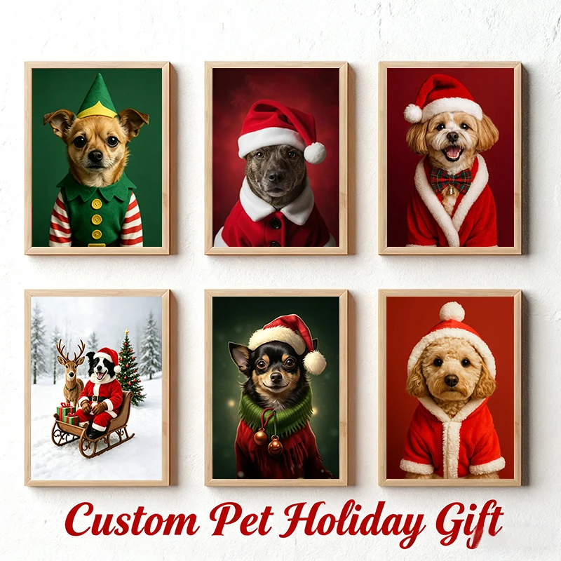 Custom Pet Christmas Portrait Poster Personalized Dog Photo Canvas Wall Art Customized Xmas Pet Picture Print Home Decor Gift