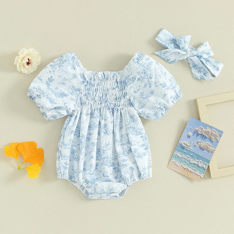 

2Pcs Baby Girls Rompers Floral Print Ruched Puff Sleeve Toddler Bodysuits Summer Clothes Infant Jumpsuits with Headband