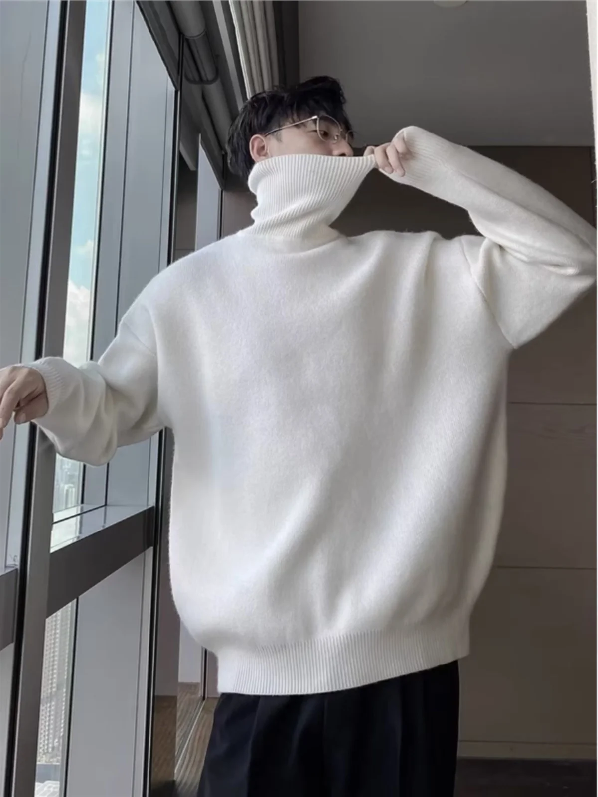 

Loose High Collar Men's Knitwear Thiened Winter Base Layer Sweater Pure Color Casual Faionable Long Sve Youth Leisure