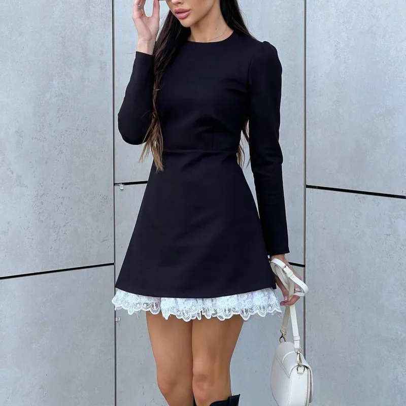 Elegant A-Line Slim Black Dress Spliced Lace Mini Short Dress Office Lady Commuter French Dress Women Autumn Spring Long Sleeve