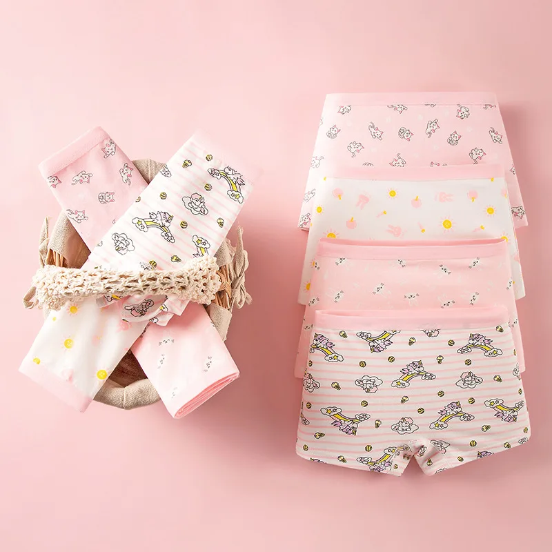 4pcs/Set Young Girls Cartoon Unicorn Print Breathable Briefs Soft Comfortable Underwear For Kids Toddler Boyshort Panties