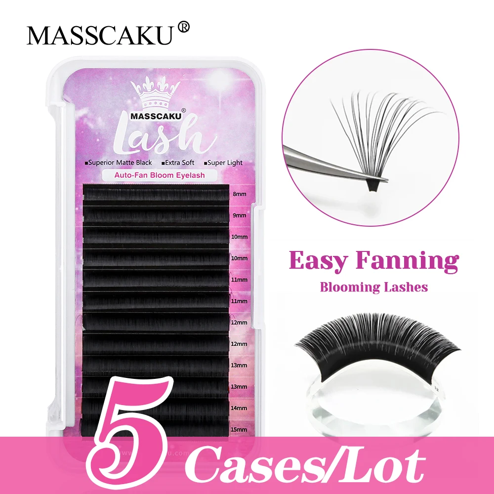 

High Quality MASSCAKU 5cases/lot C/D Curl One Second Flowering Eyelash Matte Black Lightweight Easy Fanning Eyelashes Bundles