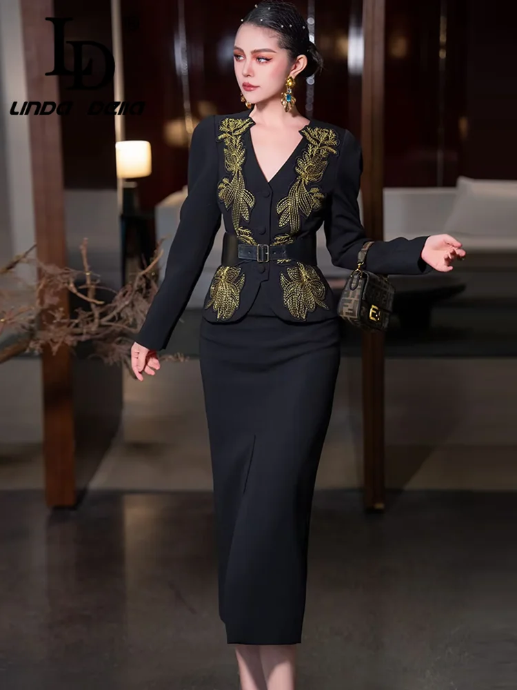 LD LINDA DELLA Fashion Runway Autumn Winter Suit Lace-Up V-Neck Embroidery Design Top+Pretty Slim-Fit Hip Wrap skirt 2 piece set