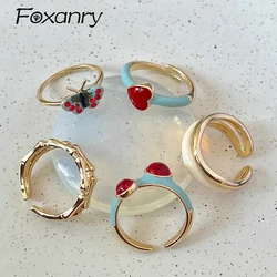 Foxanry Silver Color Multicolor Drop Glaze Ring For Women Girl Vintage Elegant Sweet Love Heart Butterfly Geometric Jewelry Gift