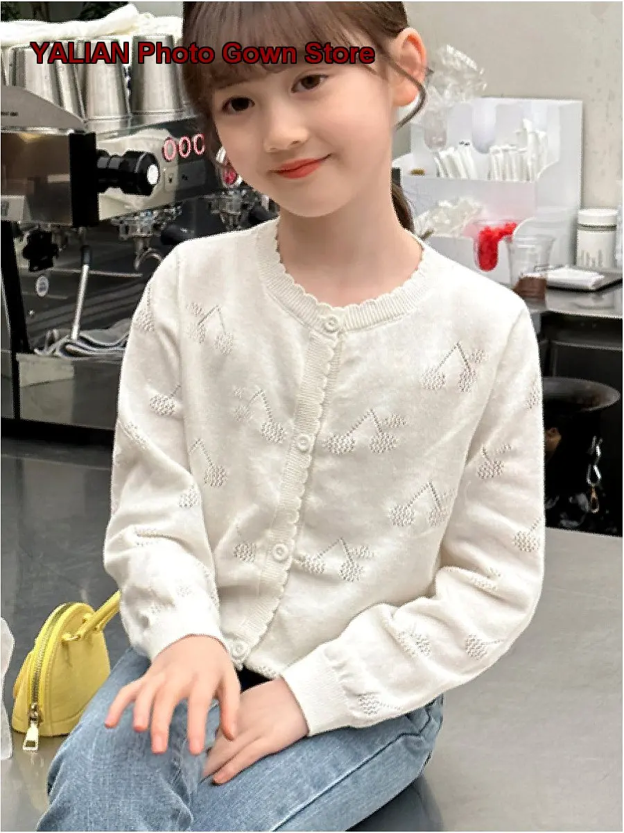 Girls Knit Cardigan Kids Spring 2026 Early Spring Pure Cotton Hollow Out Outerwear Top Autumn