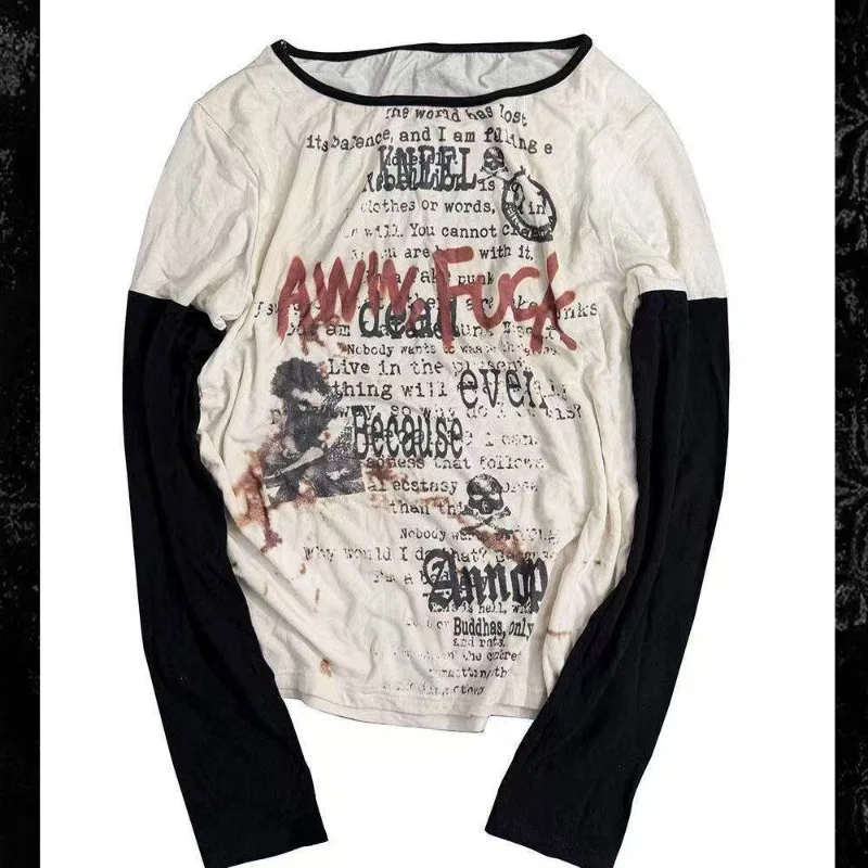 Women American Retro Spliced Fake Two Piece Print T-shirt Autumn Punk Subculture Slim Long Sleeve Tees Vintage Fashion Tops New