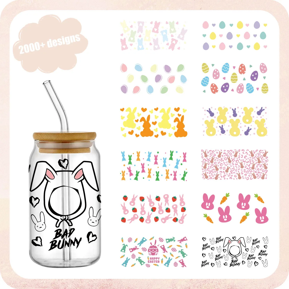 

UV DTF Wrap Transfer Sticker Easter Day For 16Oz Glass Cup Sticker Print Waterproof Clear Smooth Diy Easy To Use