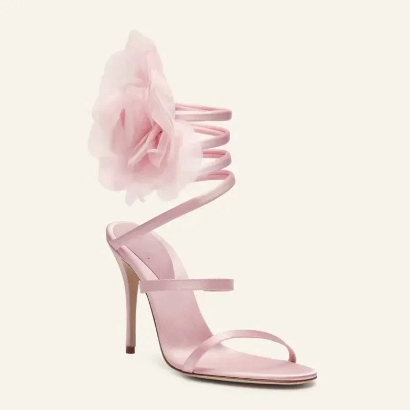 2024Summer New Satin Flower Slim High Heel Sandals Fashionable Ribbon Wedding Bridesmaid High Heel Large Women\'s Sandals