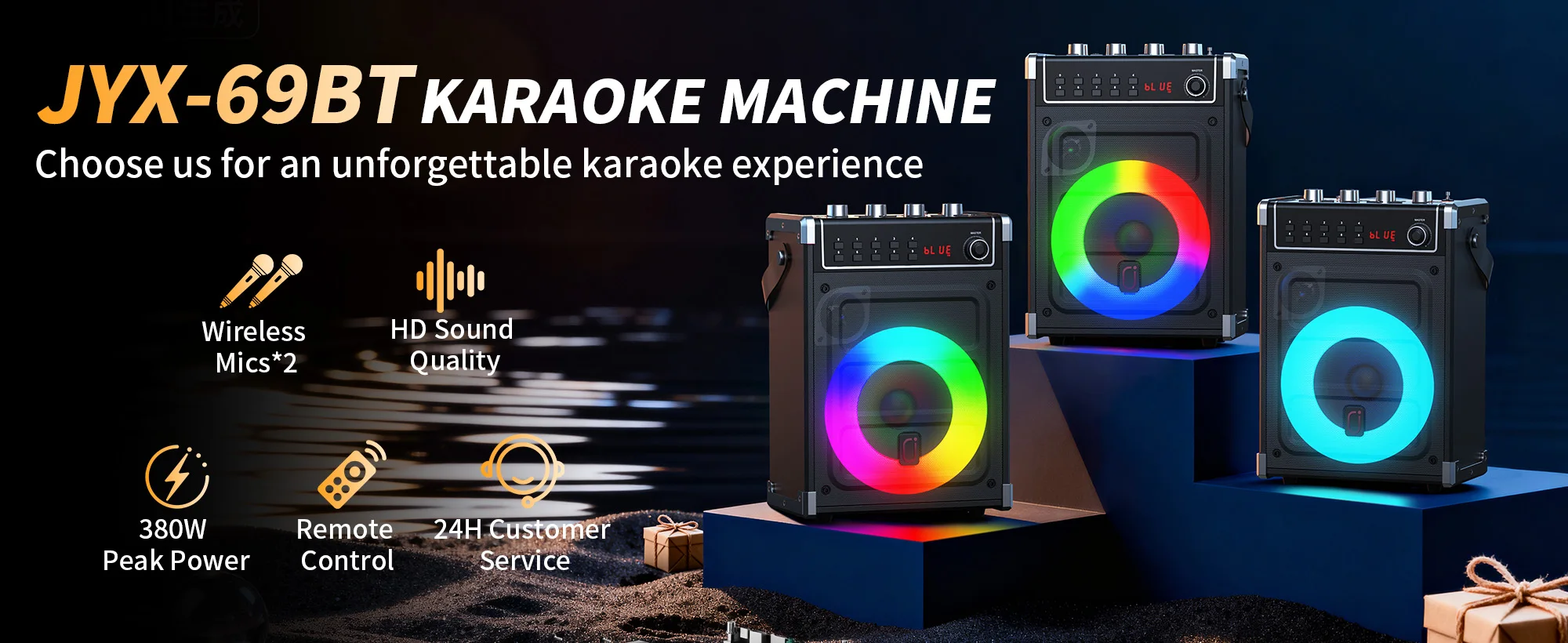69-black Karaoke-Maschine mit 2 UHF-Funkmikrofonen, Bluetooth-Lautsprecher mit Bass-/Höhenregelung und LED-Licht, PA-System – Detail 1