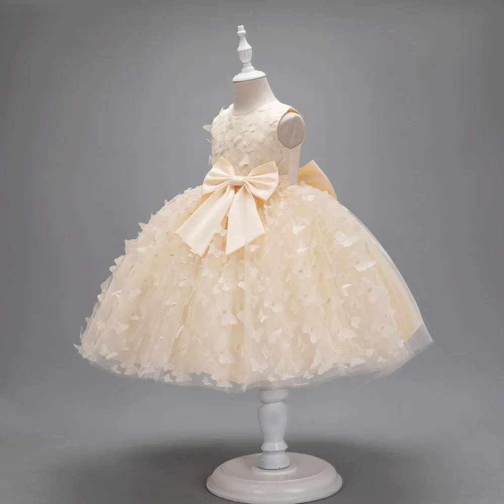 Abito da ragazza di fiori gonfi per matrimonio Tulle Applique farfalla con fiocco principessa abito senza maniche abiti da ballo per feste di compleanno per bambini