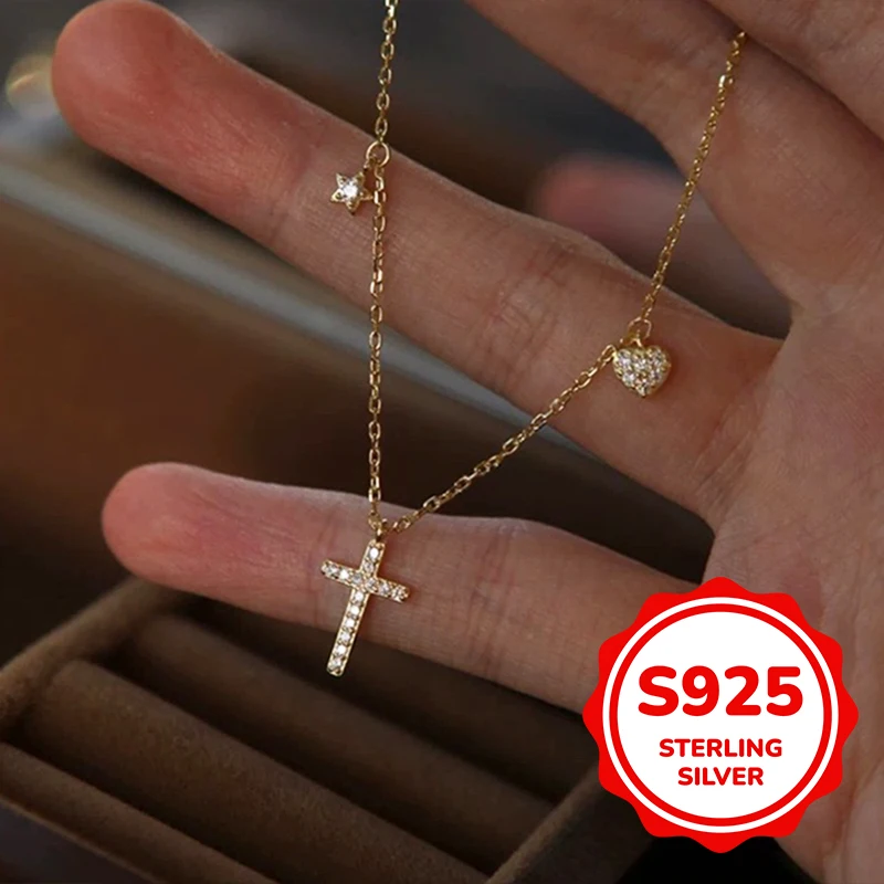 

s925 sterling silver cross star love necklace for women light luxury classic elegant fashion daily retro simple casual