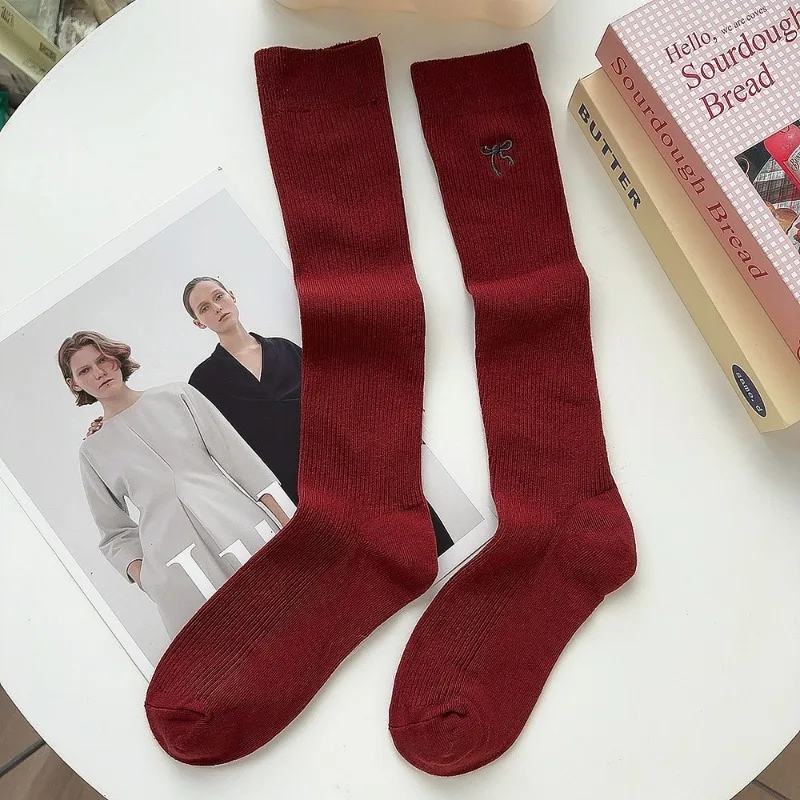 Ancla Red Long Bowknot Knitted Stockings Women Solid Color Elastic Socks Sweet Bowknot Embroidery Girls Vertical Knee-high Socks