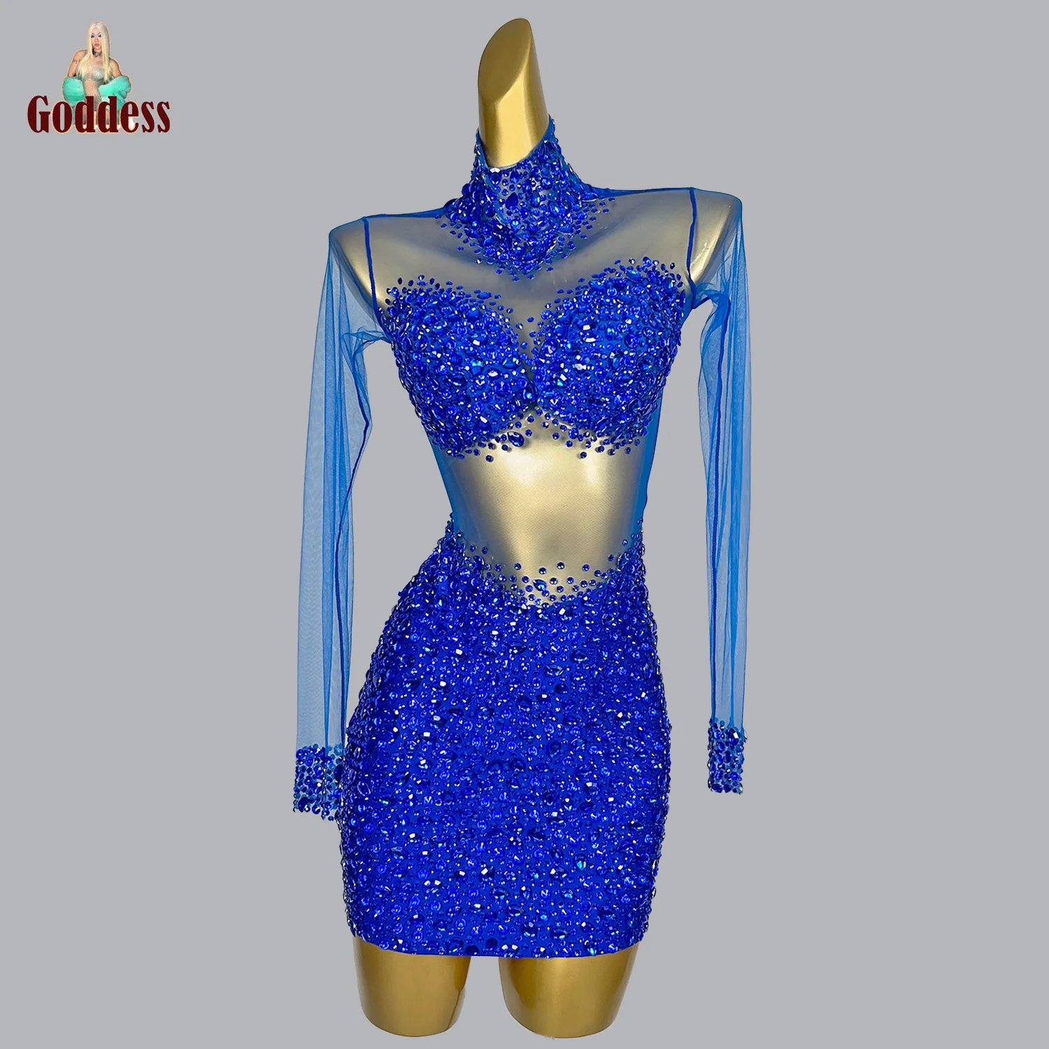 Sexy Sparkly Rhinestone Mini Dress Cocktail for Hot Girls Sheer Mesh Prom Dress Birthday Celebrity Outfit Bars Stage Show Wear