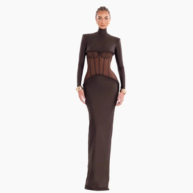 جديد وصول المرأة مثير شير سترة الخصر مقصوص Bodycon الكاكاو اللون ضمادة فستان بسيط أنيق حفلة ثوب مسائي