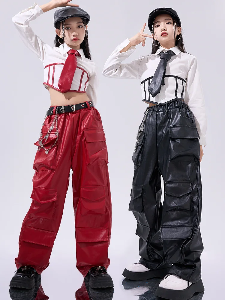 الفتيات الهيب هوب المحاصيل الأعلى بولي Leather السراويل الجلدية البضائع الطفل زي مدرسي ازياء الاطفال الشارع الشهير الجاز K-pop شارع الرقص الملابس مجموعات