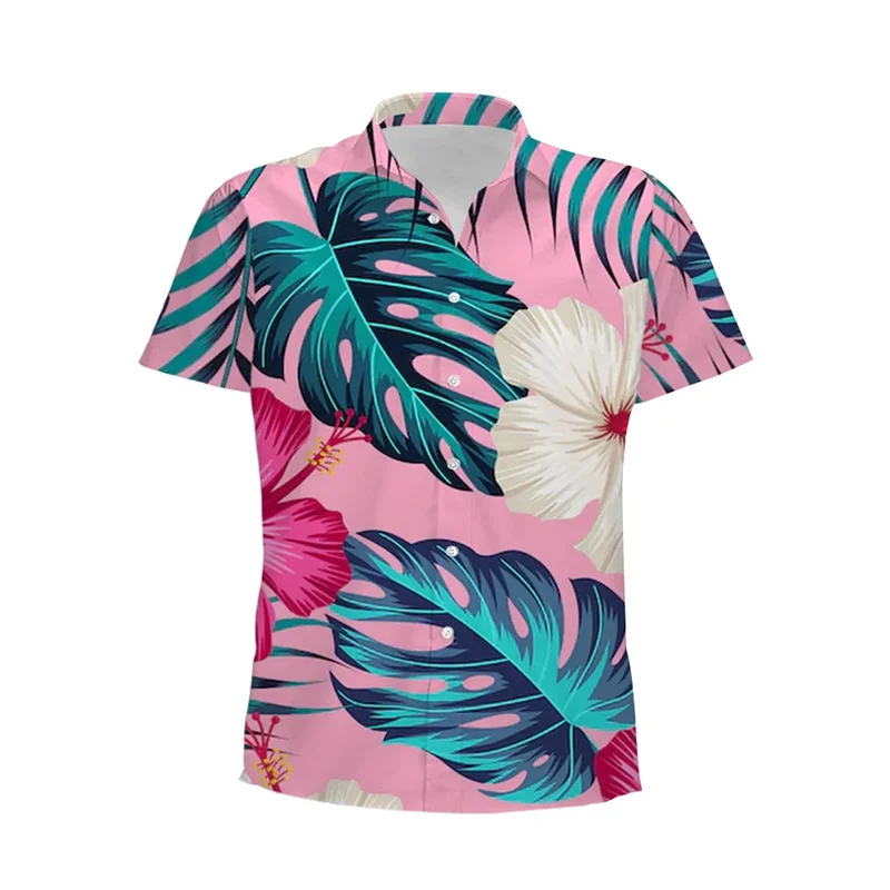 Flamingo kemeja motif 3D Hawaii pria, kemeja lengan pendek pola hewan tanaman, atasan kerah liburan pantai longgar Aloha