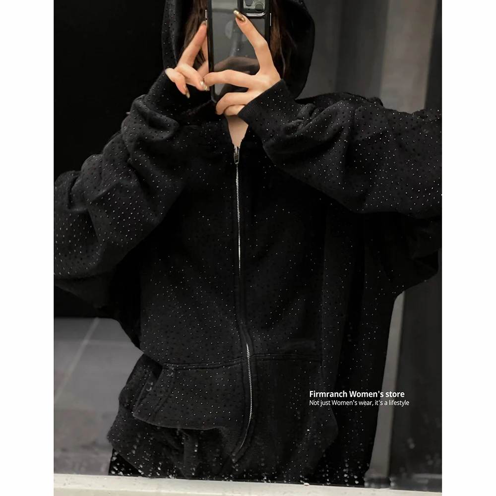 Firmranch Rhinestone Diamond Oversized Hoodies For Women Men Heavy High Quality Cotton Black White Shining Hooded Sweatshirt