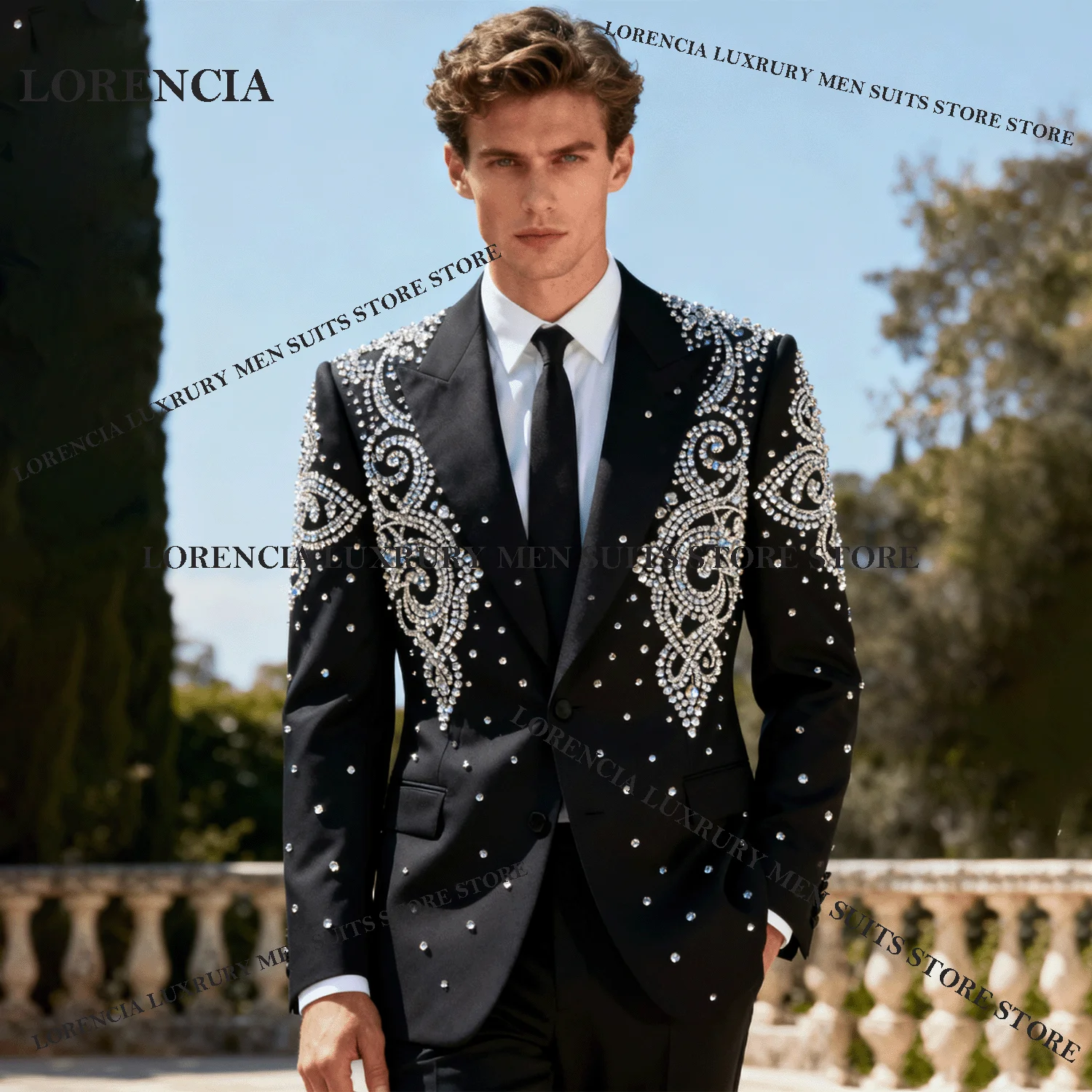 

Elegant Customized Crystals Diamond Men Sparkly Suit Slim Groom Blazer 2 Piece Set Wedding Male Ropa Hombre Formal Groom Tuxedos