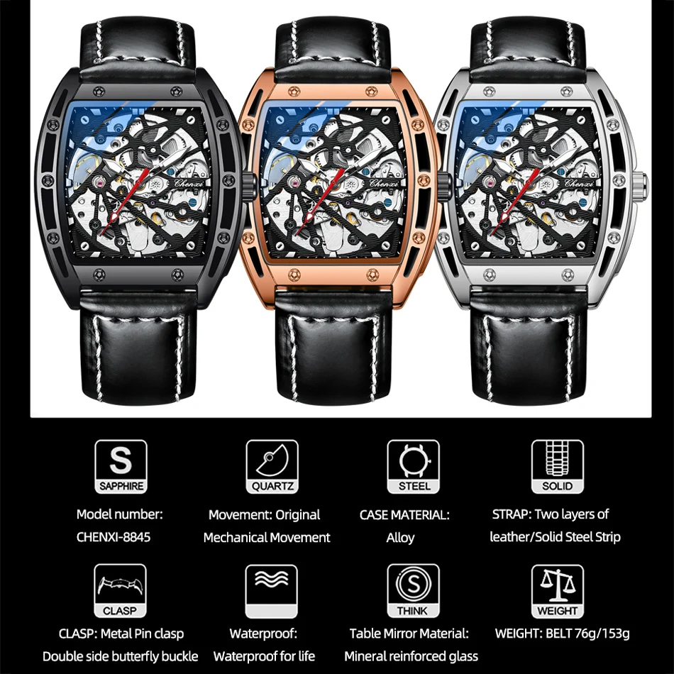 CHENXI Top Brand Luxury Men Mechanical Wristwatch Waterproof Luminous Date Clock Leather & Steel Mens Automatic Mechanical Watch