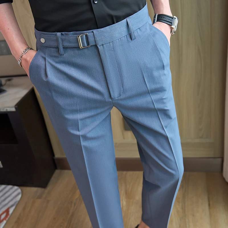 

2024 Autumn New British Style Casual Pants Belt Design Men's Suit Pants Solid Color Business Slim Fit Social Dress Trousers