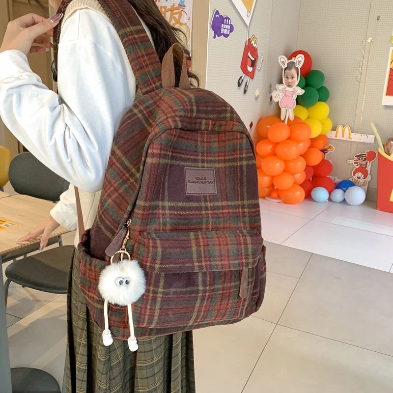 New Fashion Plaid Woollen Women Backpack Student Book Bag Backpacks for Teenage Girls School Bags Large Capacity Travel Rucksack