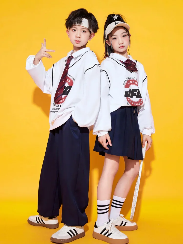 Jungen Hip Hop Kleidung College Stil gefälschte zweiteilige Top Marine Hosen Rock für Mädchen Kinder Jazz Dance Kostüm Kleidung Set