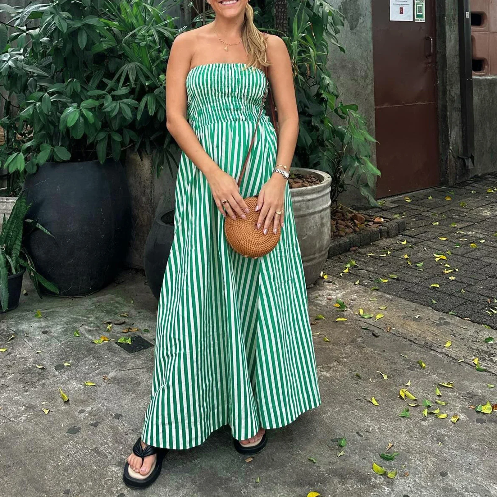 Summer Strapless A-Line Dress Women‘s Fashion Solid Color/Stripe Print Backless Party Dress for Cocktail Beach Streetwear