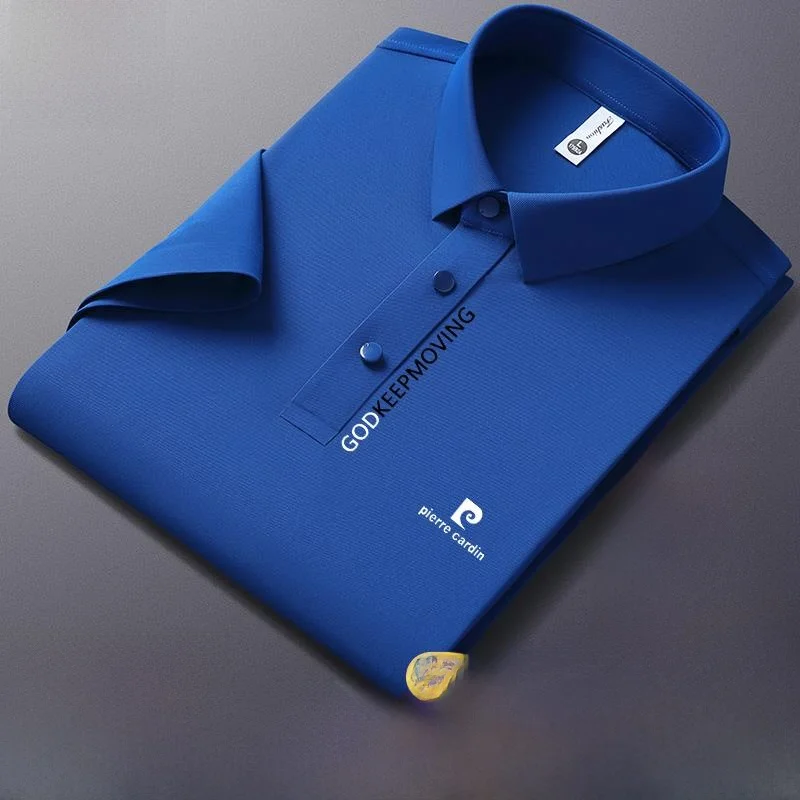 

Pierre Cardin 2025 Новая мужская шелковая футболка премиум-класса с коротким рукавом, повседневная, с отложным воротником, для мужчин среднего возраста