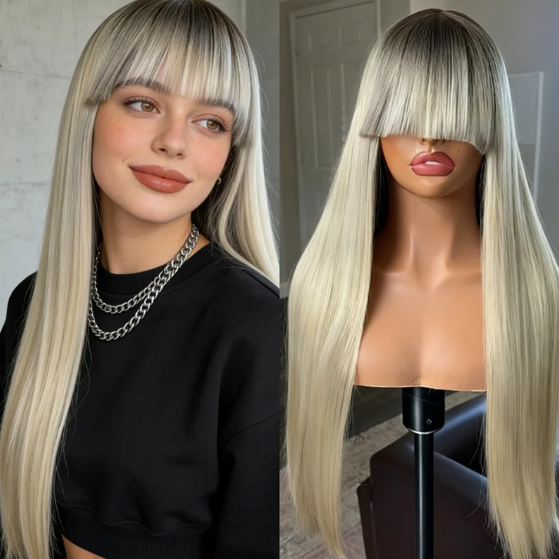 

Прямые парики с кружевным верхом для женщин, платиновый блондин, омбре, коричневые корни, челка, парик на складе, высококачественные синтетические волосы, волокно Futura