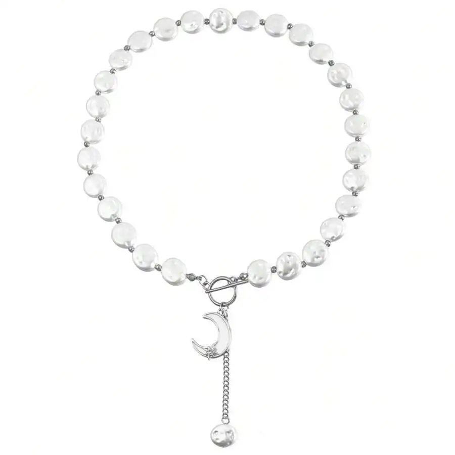 

Baroque Irregular Simulated Pearl Necklace With Moon Pendant Tassel Chain For Women