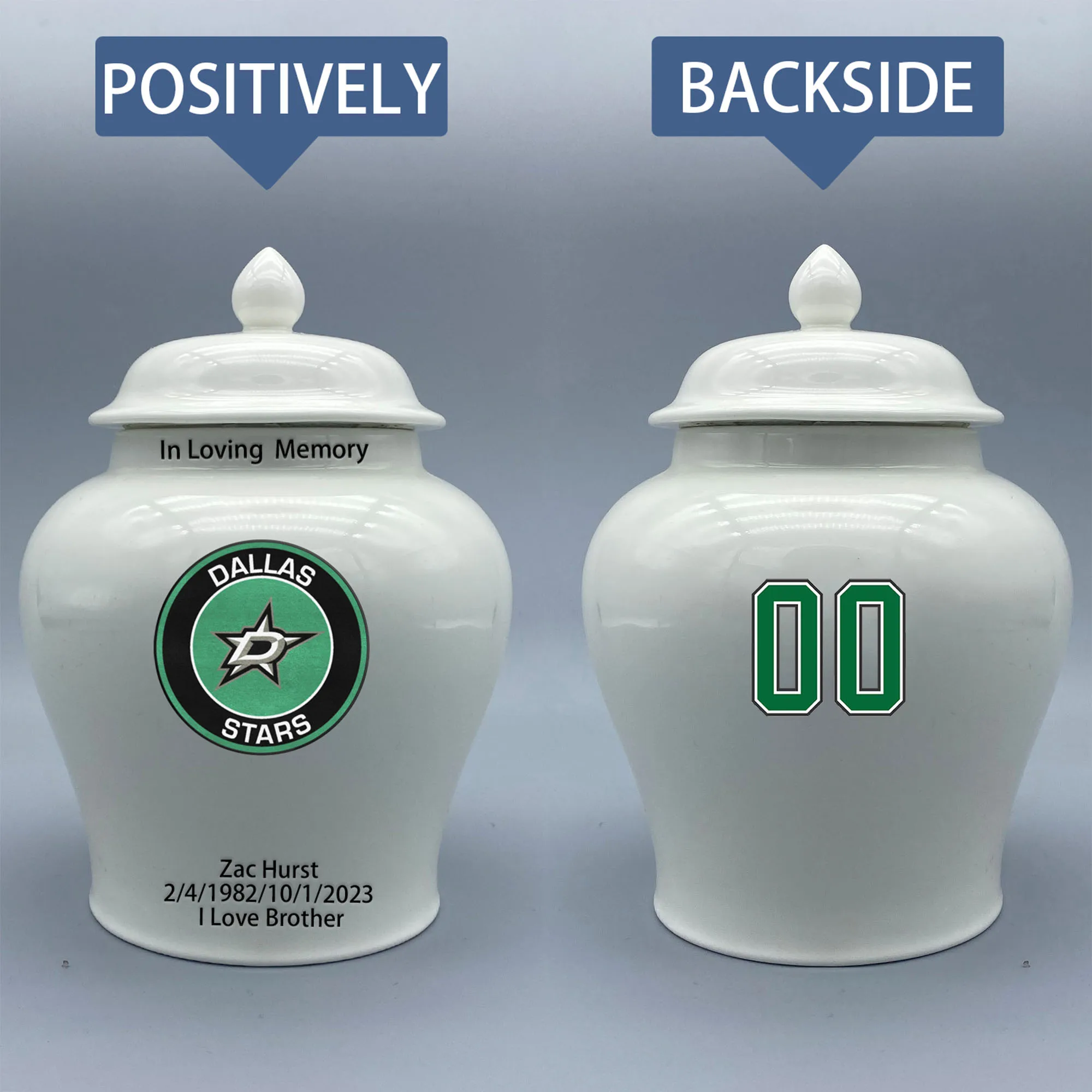 

Medium Urn for Dallas Stars-themed Hockey Urn.Please send me the customize information-name/date and number on the urn