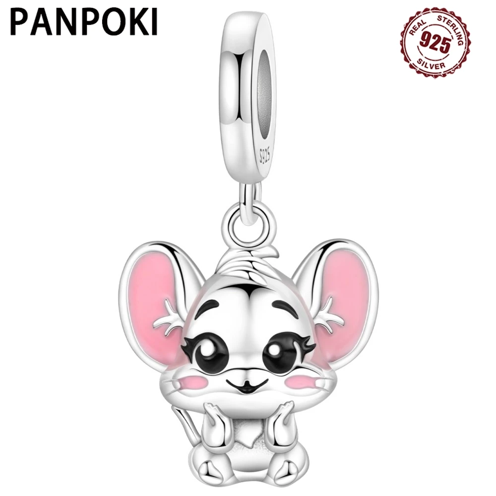 PANPOKI 925 Sterling Silver Cute Pink Ear Little Mouse Original Pendants Bracelet Charms Jewelry Party Beads DIY Trendy Gifts