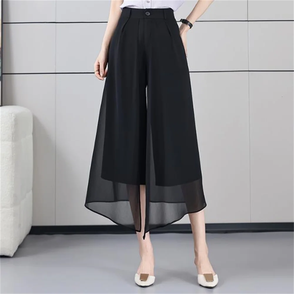 Black wide leg pants for women 2026 summer new high waisted and slim chiffon casual pants