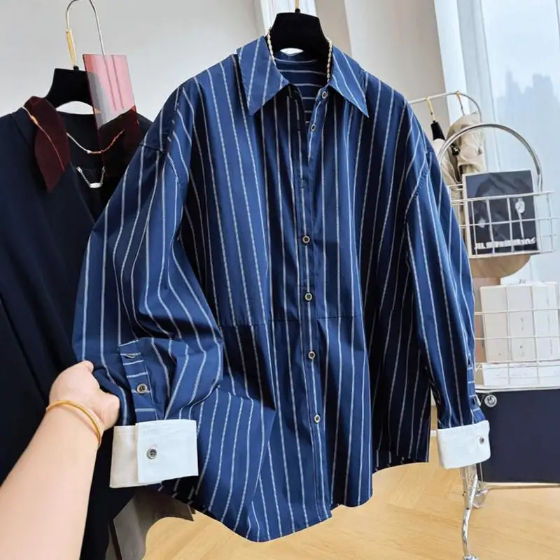 

Spring Autumn Loose Fit Striped Long Sleeve Shirt for Women Comfortable plus Size Casual Shirt Collar Button Detail