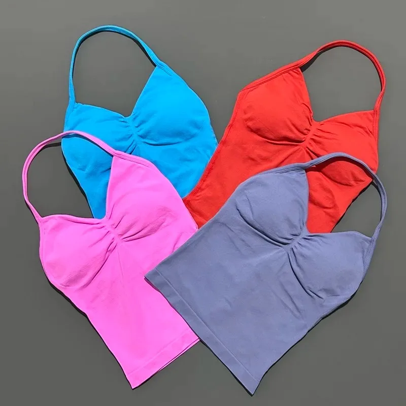 لا شعار سترة يوجا المرأة تأثير الخطوط الطويلة Strappy الأعلى الرياضة اللياقة البدنية تانك الأعلى رياضة جميلة مفتوحة الظهر الجري تجريب الرسن