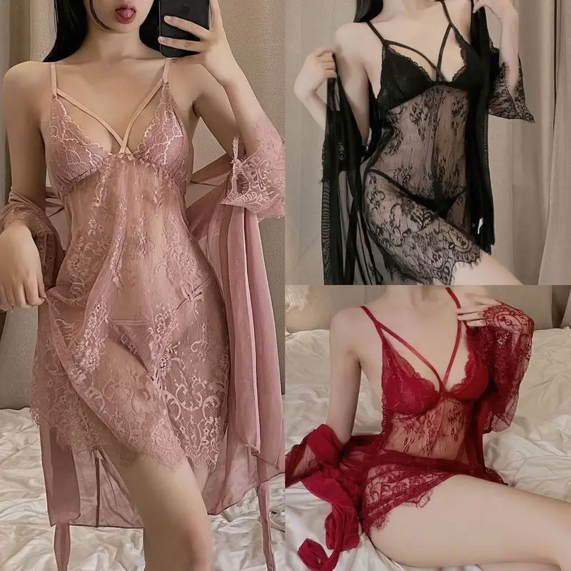 

Sexy Sleepwear Women Lace Mesh See-through Three Piece Cardigan Mini Dress Pajama Sets Nightgowns Homewear Clubs Light Gowns