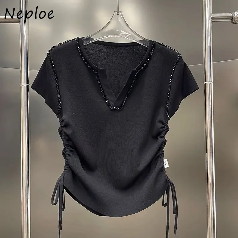 Neploe Fashion Simple V-neck Black Bottoming T-shirts Slim Fit Drawstring Ruched T-shirts 2024 Sumemr New Ice Silk Tee Shirt