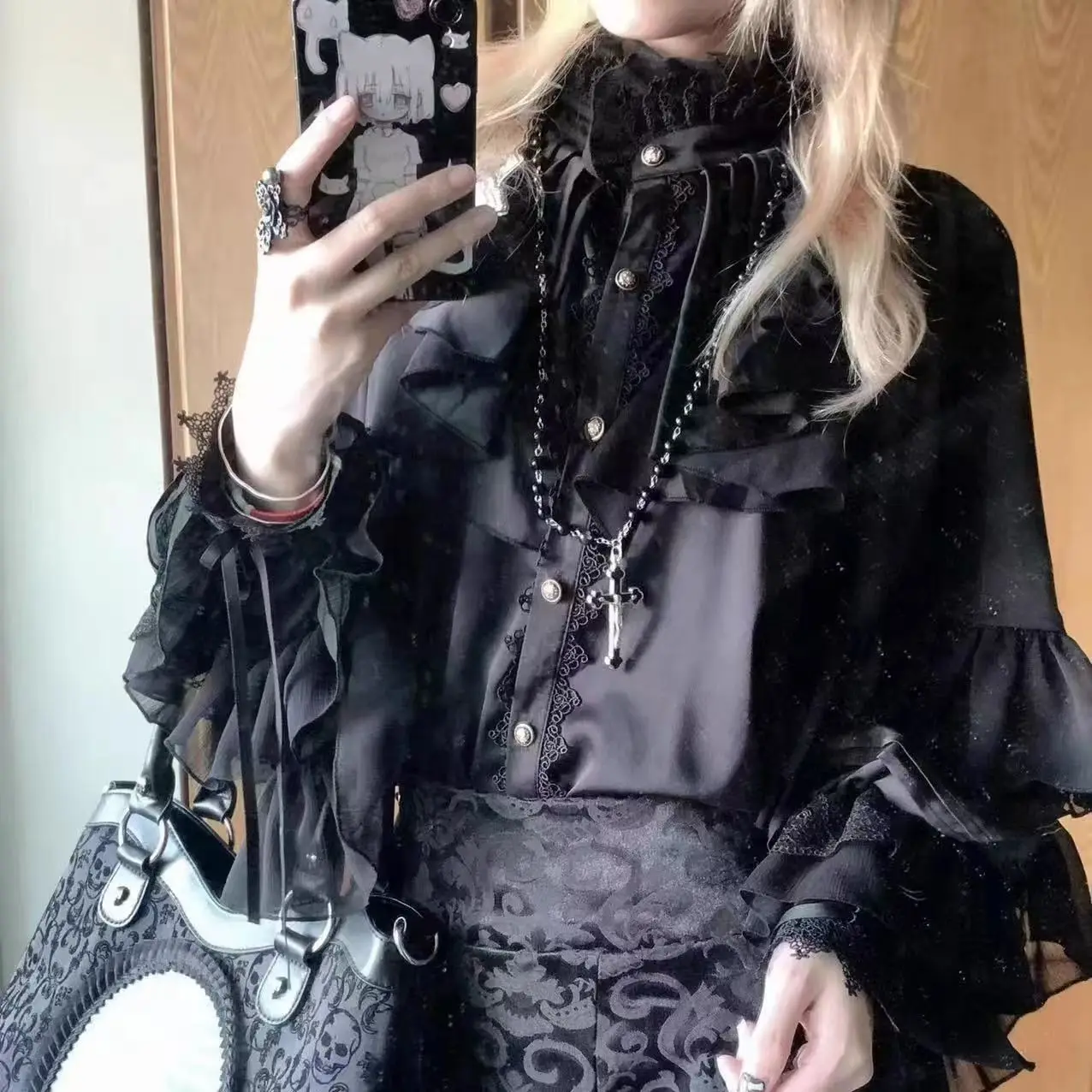 

Готическая блузка с рюшами для женщин, винтажная, с кружевной отделкой, высоким воротником, длинными рукавами, элегантная черная рубашка для субкультур, панк, харадзюку, топы 2026